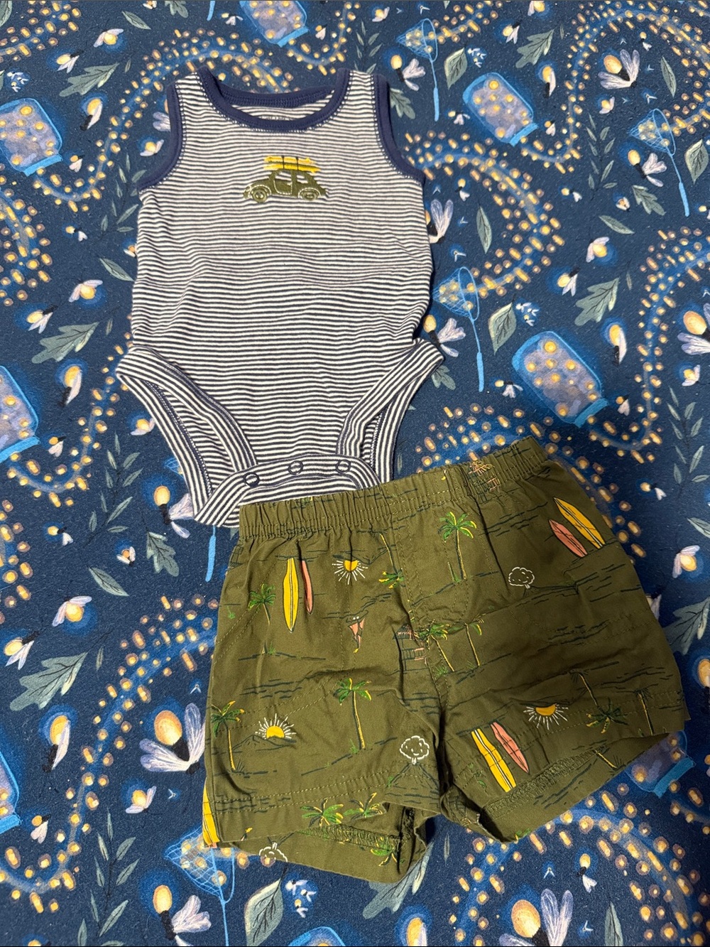 Carter's Navy & Olive Striped Tank Bodysuit with Surf-Print Olive Shorts